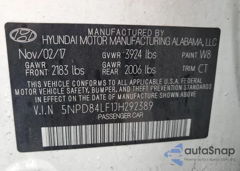 2018 Hyundai Elantra Sel z USA, uszkodzony, nr VIN 5NPD84LF1JH292389